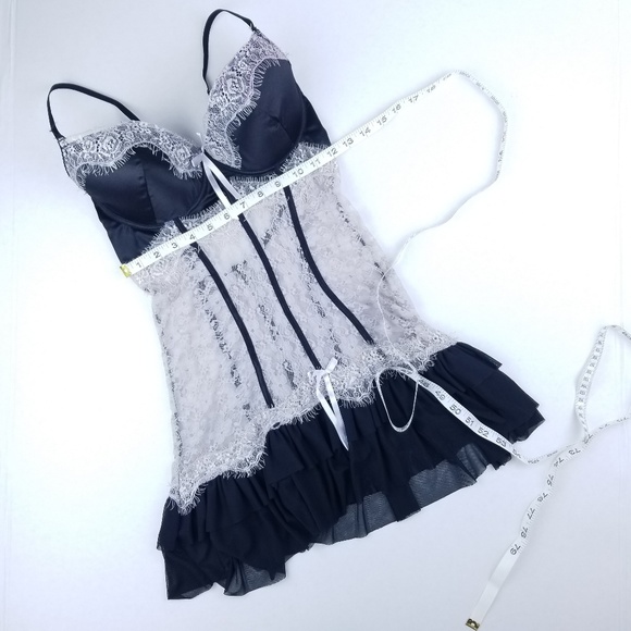 Lace Skirted Teddy Top 38C Sexy Black Pink - Picture 4 of 7